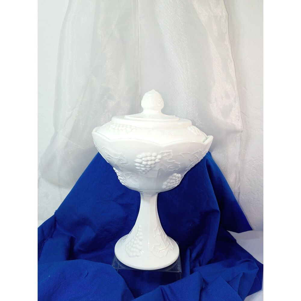 Harvest Grape White Footed lidded dish Indiana Milk Glass Compote Dish~Vintage~
